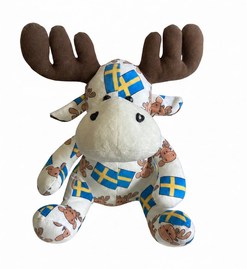 Älg Vit m. Sverigeflaggor, 25 cm