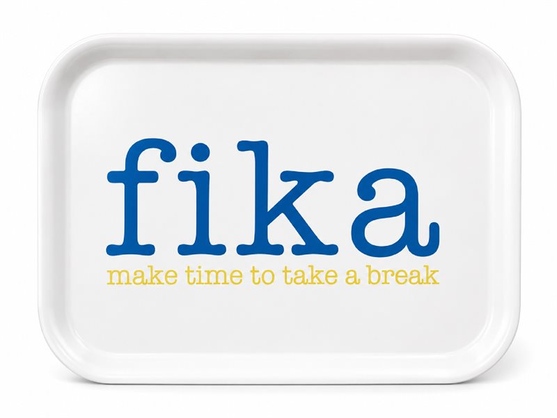 Bricka 27x20 cm, Make time FIKA, blå/gul text