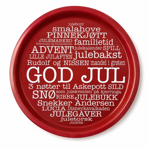 Bricka rund 31 cm, God Jul norsk, röd/vit text