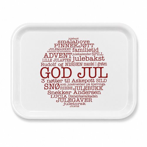 Bricka 27x20 cm, God Jul norsk, vit/röd text