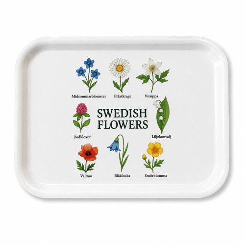 Bricka 27x20 cm, Swedish Flowers, vit/färgtryck